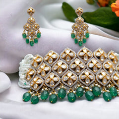 Exquisite Floral Choker Necklace and Earring Set with Emerald and Pearls, Adjustable Necklace | 925 Sterling Silver | 18kt Gold Plated | Jadau Jewelry