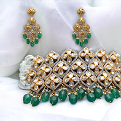 Exquisite Floral Choker Necklace and Earring Set with Emerald and Pearls, Adjustable Necklace | 925 Sterling Silver | 18kt Gold Plated | Jadau Jewelry