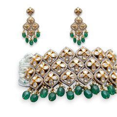 Exquisite Floral Choker Necklace and Earring Set with Emerald and Pearls, Adjustable Necklace | 925 Sterling Silver | 18kt Gold Plated | Jadau Jewelry