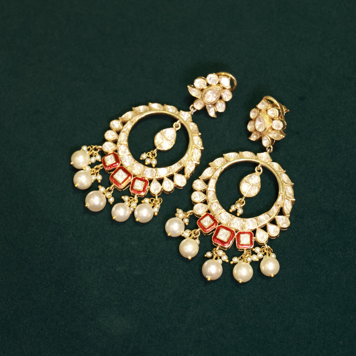 92.5 Pure Silver Moissanite Polki & Pearl Earrings