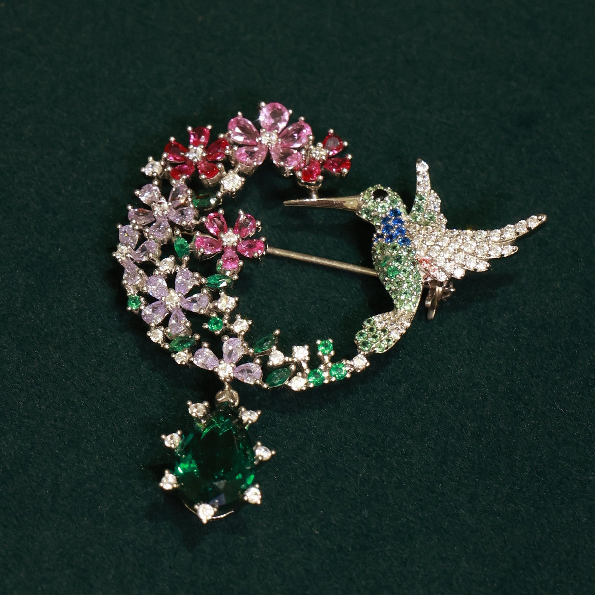 92.5 Pure Silver Moissanite Diamond, Emerald & Ruby Brooch