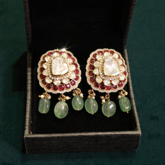 92.5 Pure Silver Moissanite Polki & Green Stones Earrings