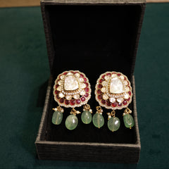 92.5 Pure Silver Moissanite Polki & Green Stones Earrings