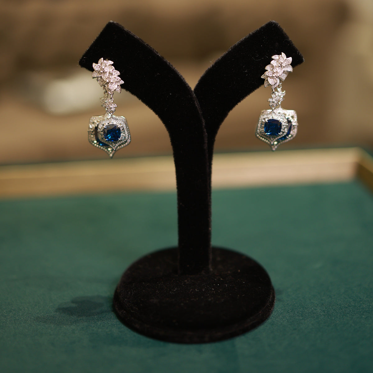 92.5 Pure Silver Moissanite Diamonds & Glass Sapphire Earrings
