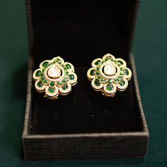 92.5 Pure Silver Moissanite Polki & Green Stone Earrings