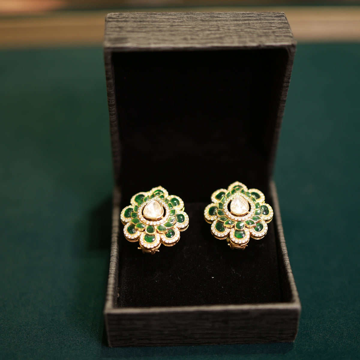 92.5 Pure Silver Moissanite Polki & Green Stone Earrings