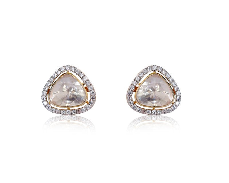 Exquisite Trillion Halo Stud Moissanite Polki Earrings | 925 Sterling Silver | 18kt Gold Plated | Best Gift for Women | Jadau Jewelry