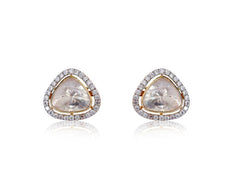 Exquisite Trillion Halo Stud Moissanite Polki Earrings | 925 Sterling Silver | 18kt Gold Plated | Best Gift for Women | Jadau Jewelry