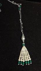 Pearl & Emerald Bead Tassel Necklace in 925 Silver Finish