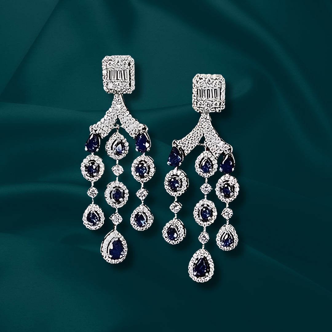 White Finish Zircon & Synthetic Blue Sapphire Dangler Earrings in 925 Sterling Silver