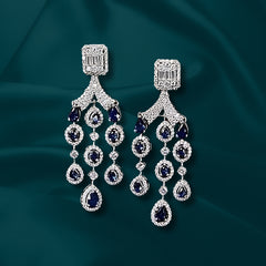 White Finish Zircon & Synthetic Blue Sapphire Dangler Earrings in 925 Sterling Silver