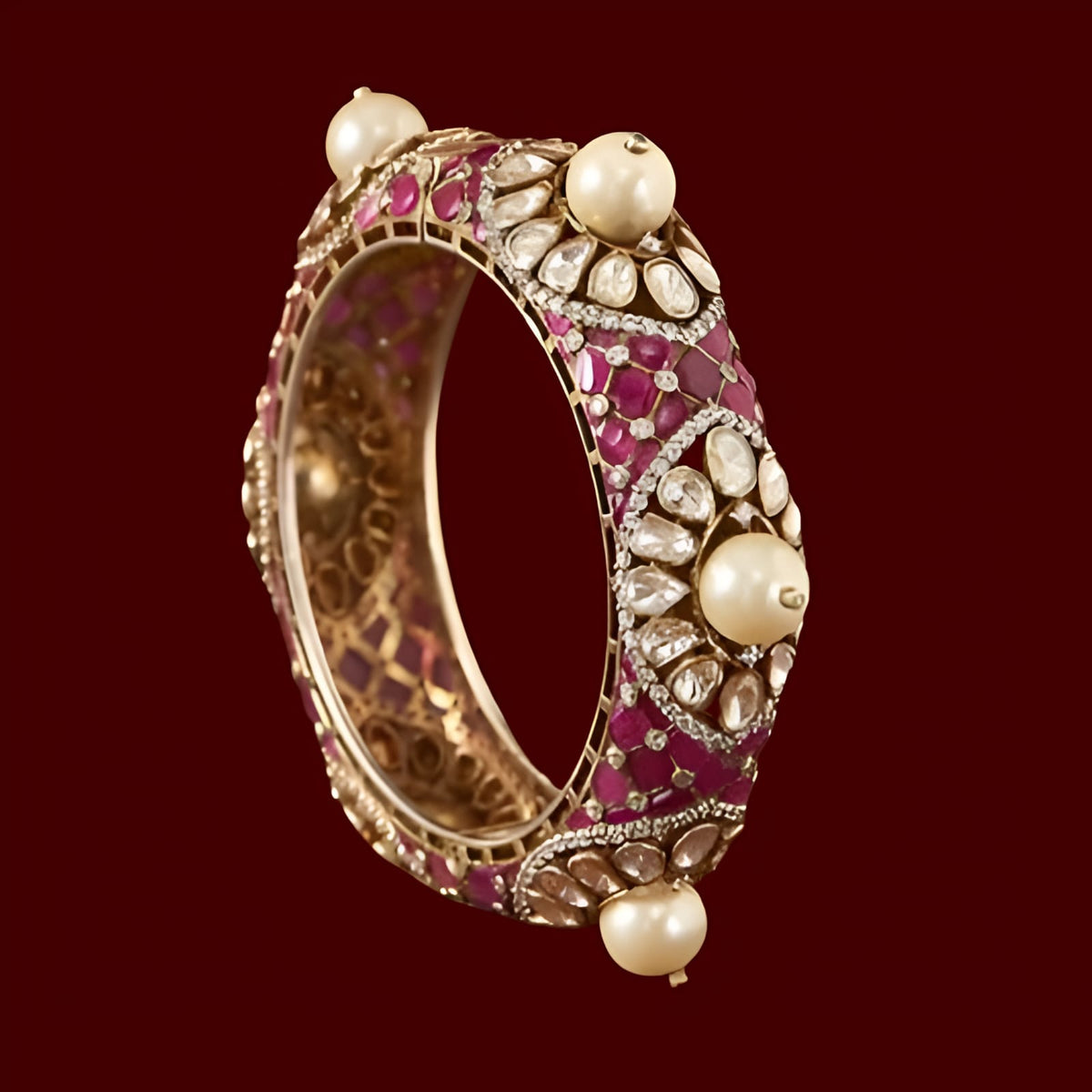 Gold finish Moissanite Polki & Synthetic Ruby Bangle | 925 Sterling Silver | 18kt Gold Plated