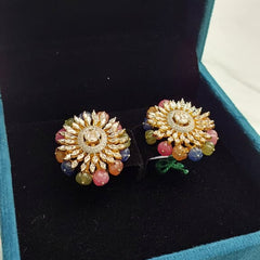 Gold finish Radiant Navratna Floral Stud Earrings in 925 sterling silver