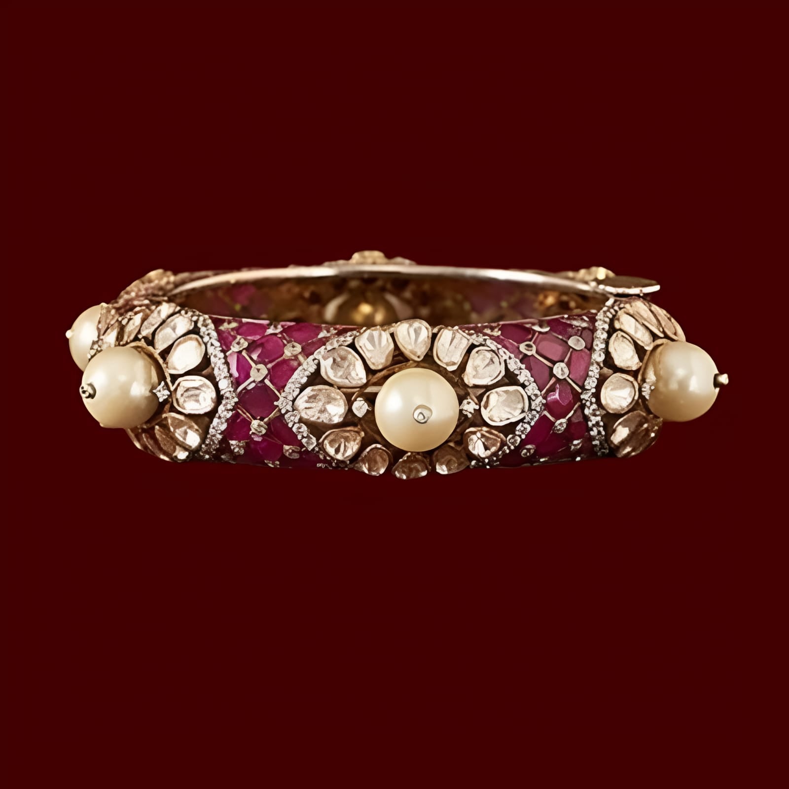 Gold finish Moissanite Polki & Synthetic Ruby Bangle | 925 Sterling Silver | 18kt Gold Plated