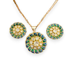 Stunning Peacock Shade Halo Earrings Pendant Set | 925 Sterling Silver | 18kt Gold Plated | Best Gift for Women | Jadau Jewelry |Enchantica