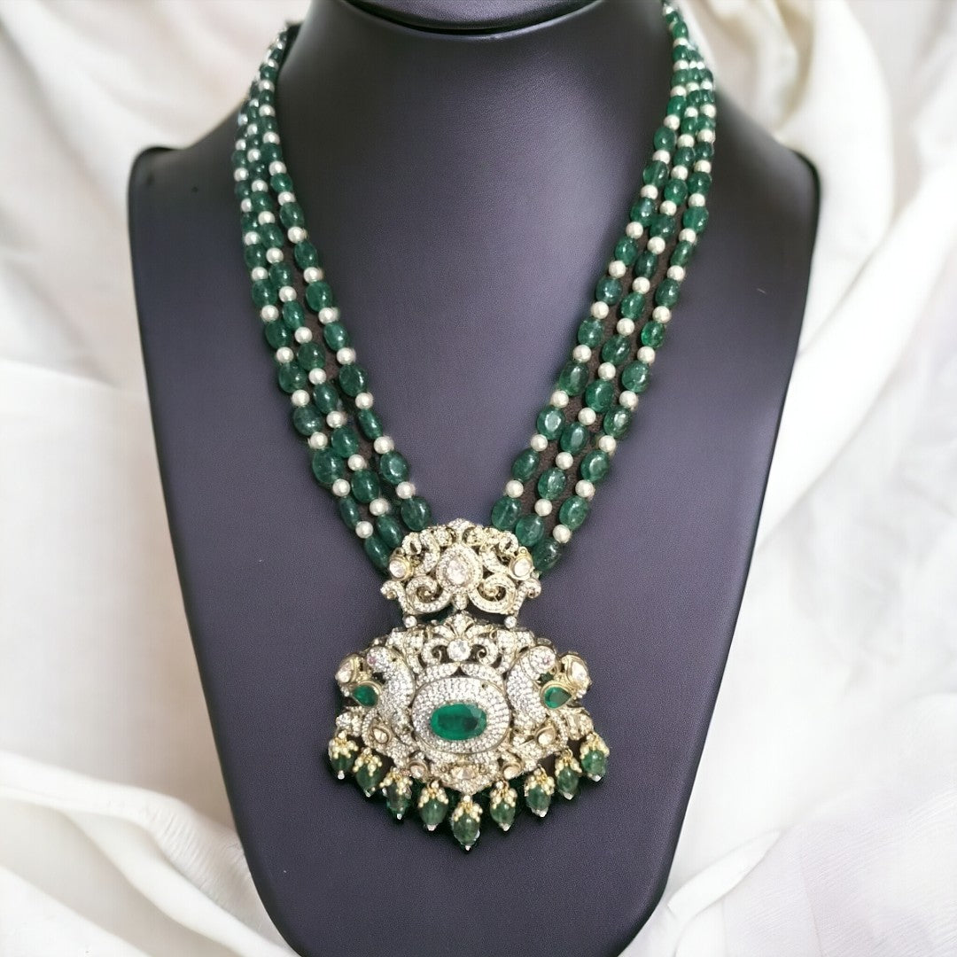 Enchanting Two Peacock Polki Necklace and Earring set with Emerald Beads | 925 Sterling Silver | 18kt Gold Plated | Best Gift for Women |Jadau Jewelry