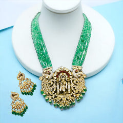 Opulent Temple Jewelry: Emerald and Moissanite Polki Necklace with Peacock Motifs and Matching Earrings | 925 Sterling Silver | Jadau Jewelry