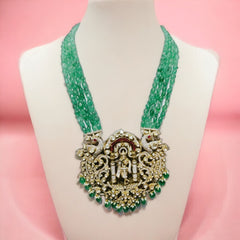 Opulent Temple Jewelry: Emerald and Moissanite Polki Necklace with Peacock Motifs and Matching Earrings | 925 Sterling Silver | Jadau Jewelry