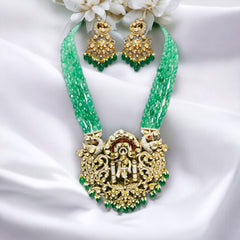 Opulent Temple Jewelry: Emerald and Moissanite Polki Necklace with Peacock Motifs and Matching Earrings | 925 Sterling Silver | Jadau Jewelry