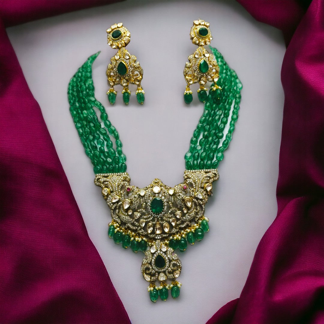 Elegant Two-Peacock Moissanite Polki Necklace Set with Emerald Beads and Matching Earrings - 925 Sterling Silver, 18kt Gold Plated - Stunning Jadau Jewelry by Enchantica