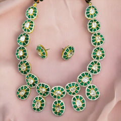 Enchanting Moissanite Polki Necklace with Emerald Color Meenakari & Matching Stud: 925 Sterling Silver, 18kt Gold Plated - Exquisite Jadau Jewelry by Enchantica