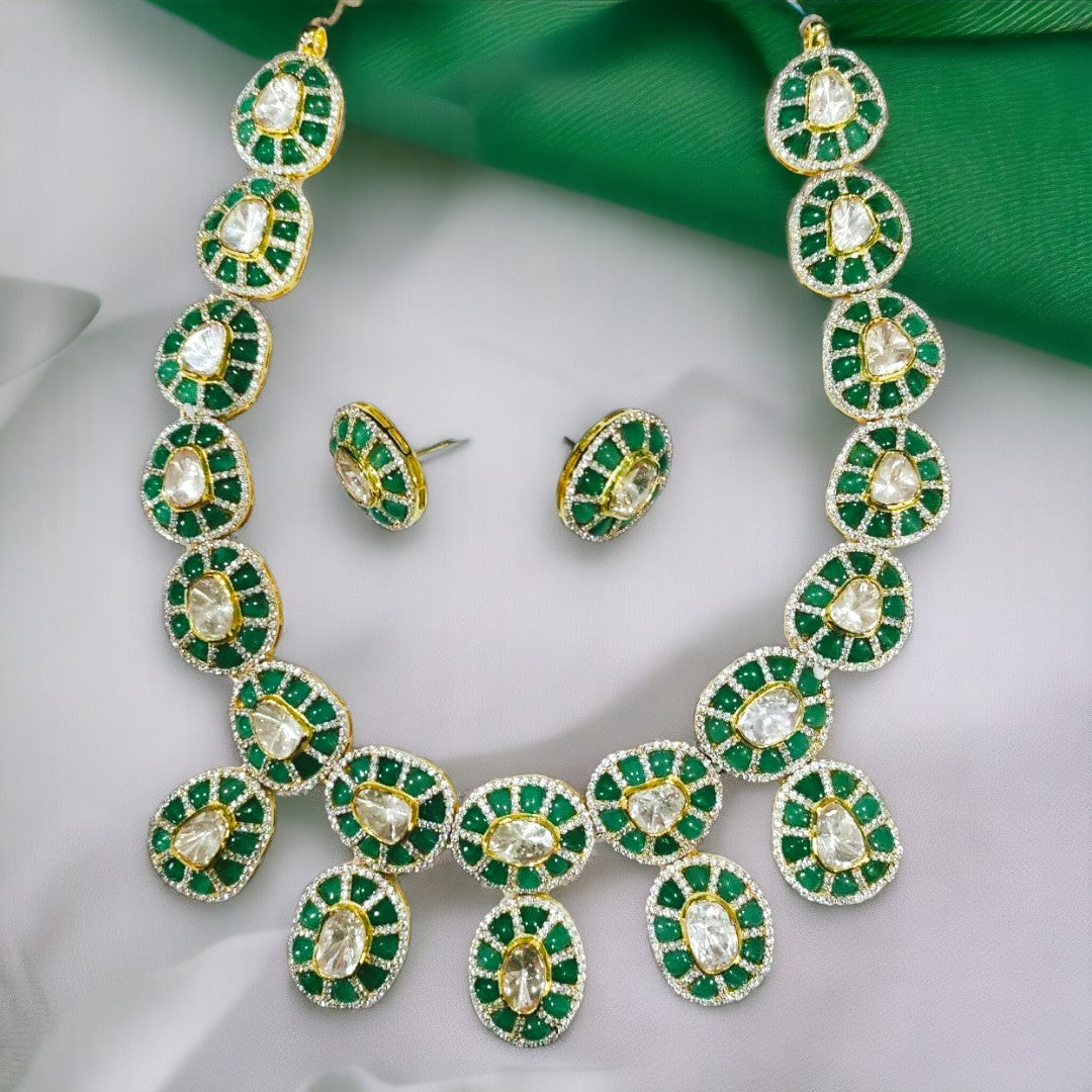 Enchanting Moissanite Polki Necklace with Emerald Color Meenakari & Matching Stud: 925 Sterling Silver, 18kt Gold Plated - Exquisite Jadau Jewelry by Enchantica