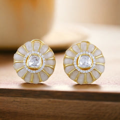 Enchanting Floral Look Moissanite Polki Earrings: Intricate Beauty in 925 Sterling Silver with 18kt Gold Plating - A Delightful Addition to Your Collection