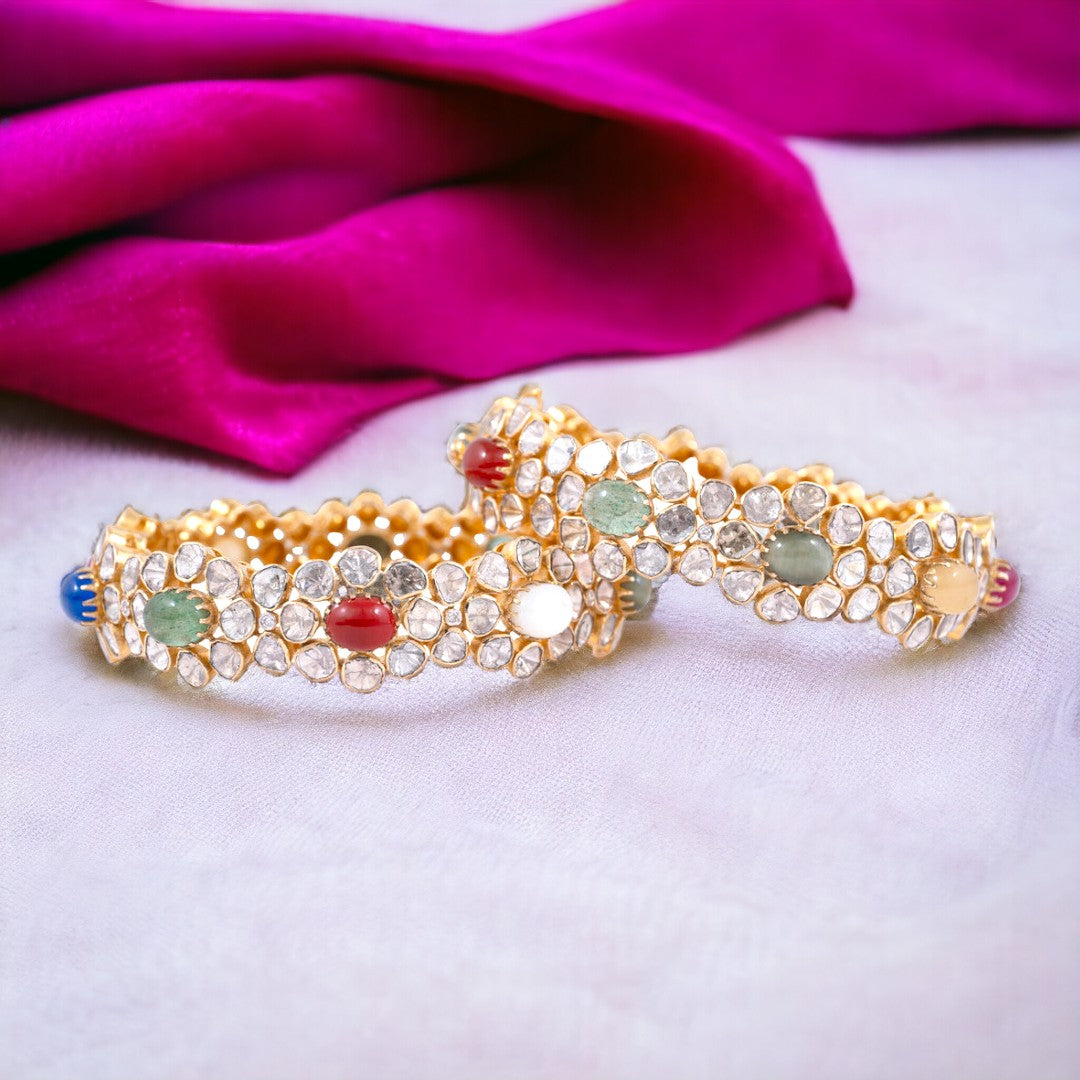 Radiant Navratna Bracelet with Halo Moissanite Polki Bangle: A Harmonious Fusion of Elegance and Sparkle, Crafted in Fine 925 Sterling Silver with 18kt Gold Plating