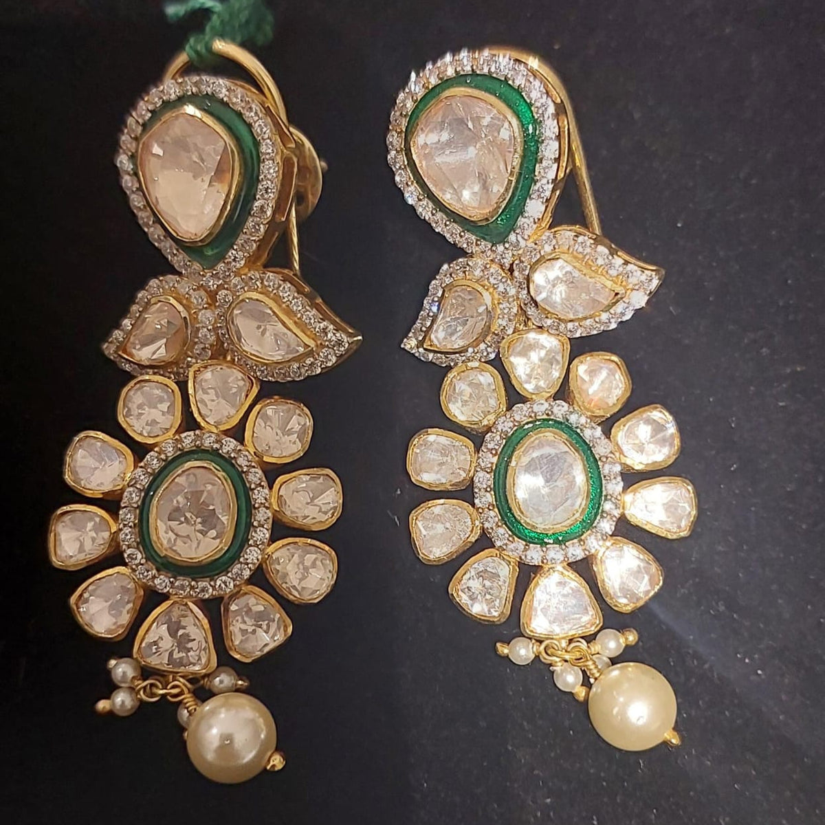 Gold finish Regal Kundan & Emerald Drop Earrings in 925 Sterling Silver
