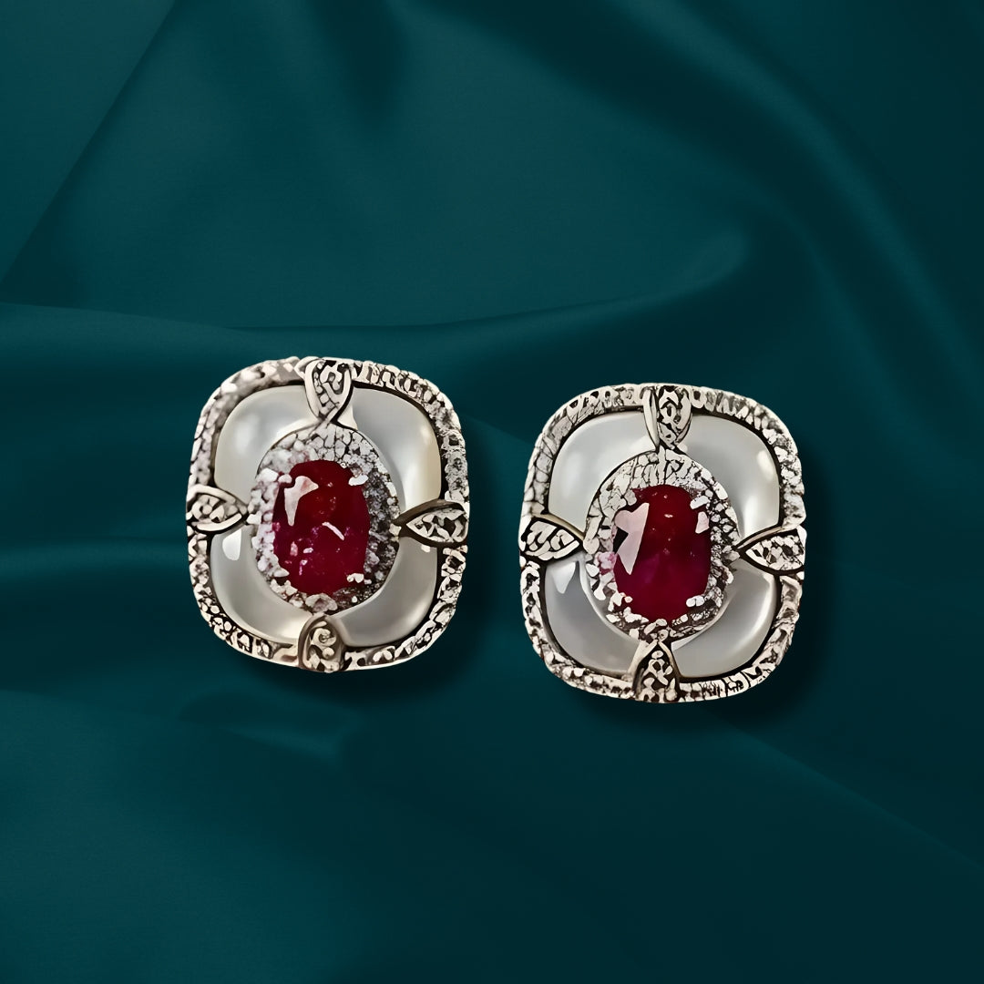 White Finish Zircon & Synthetic Ruby Stud Earrings in 925 Sterling Silver