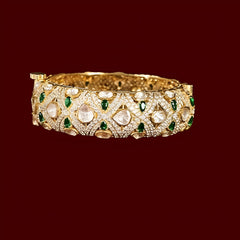 Gold finish Moissanite Polki & Emerald Bangle | 925 Sterling Silver | 18kt Gold Plated