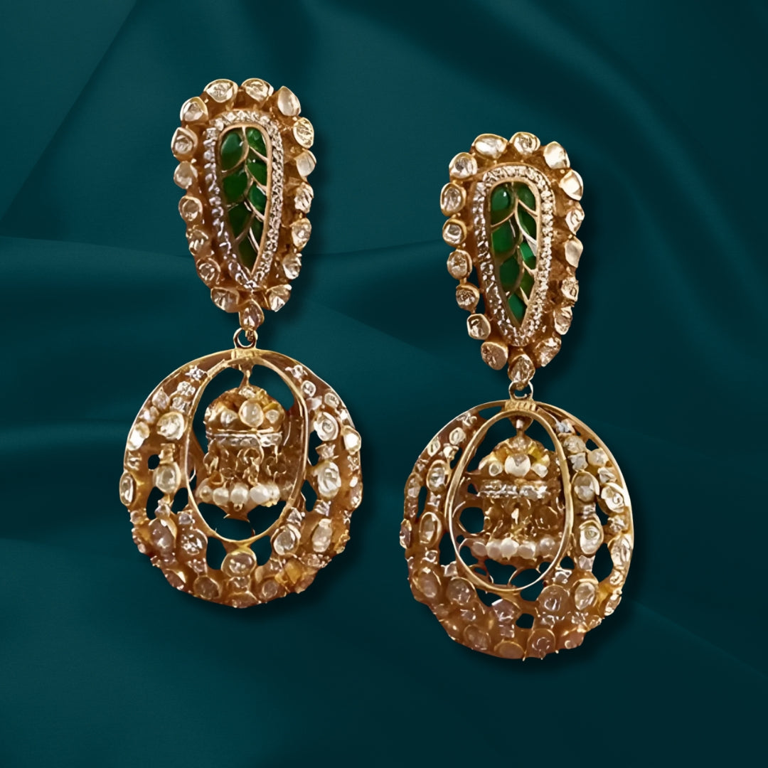 Gold finish Moissanite Polki & Synthetic Emerald Dangler Earrings | 925 Sterling Silver | 18kt Gold Plated