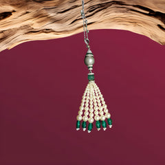 Pearl & Emerald Bead Tassel Necklace in 925 Silver Finish