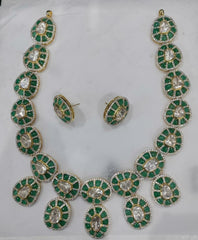 Enchanting Moissanite Polki Necklace with Emerald Color Meenakari & Matching Stud: 925 Sterling Silver, 18kt Gold Plated - Exquisite Jadau Jewelry by Enchantica