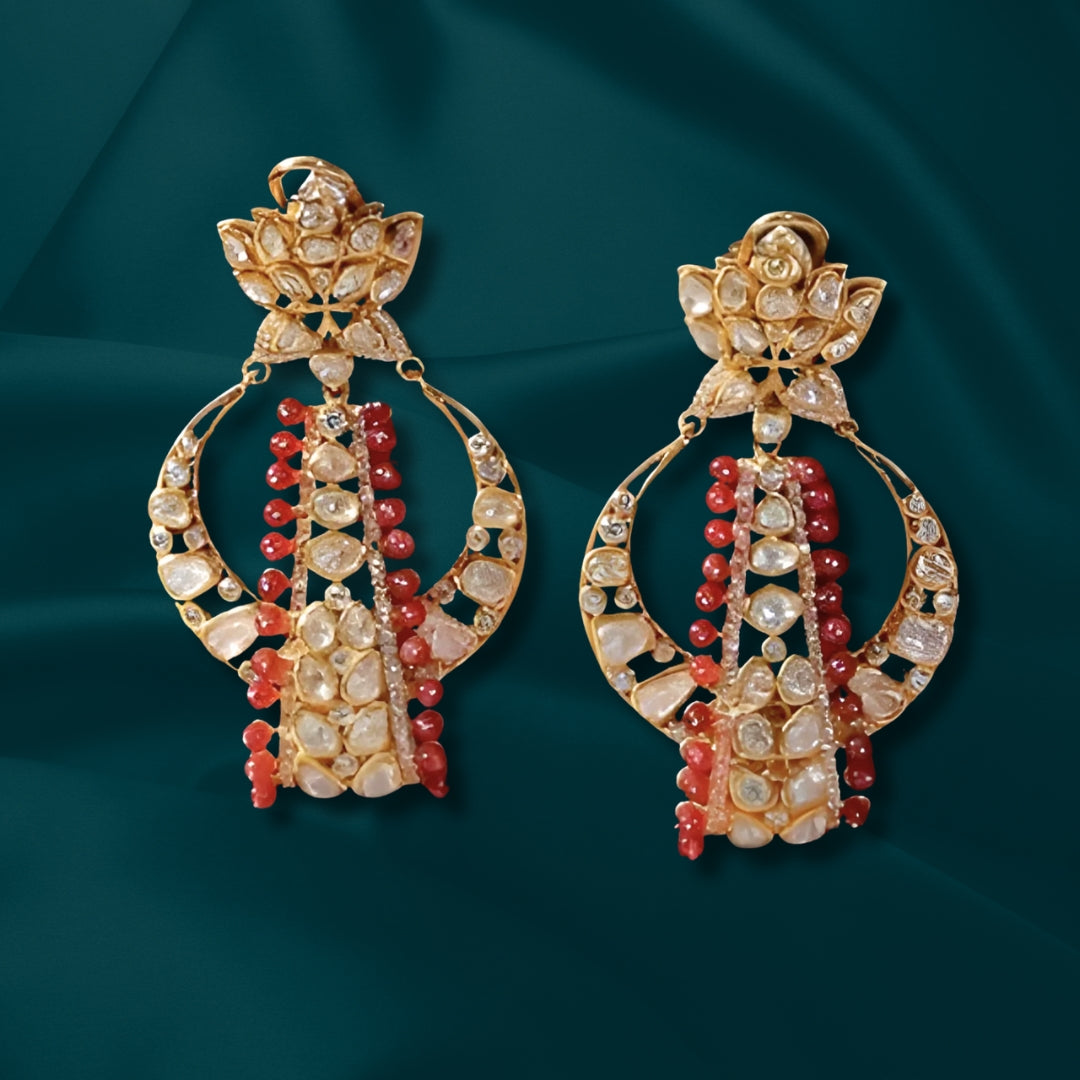 Gold finish Synthetic Ruby Stone & Moissanite Polki Dangler Earrings | 925 Sterling Silver | 18kt Gold Plated