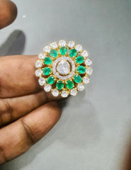 Exquisite Emerald and Polki Double Halo Ring | 925 Sterling Silver | 18kt Gold Plated | Best Gift for Women |Jadau Jewelry