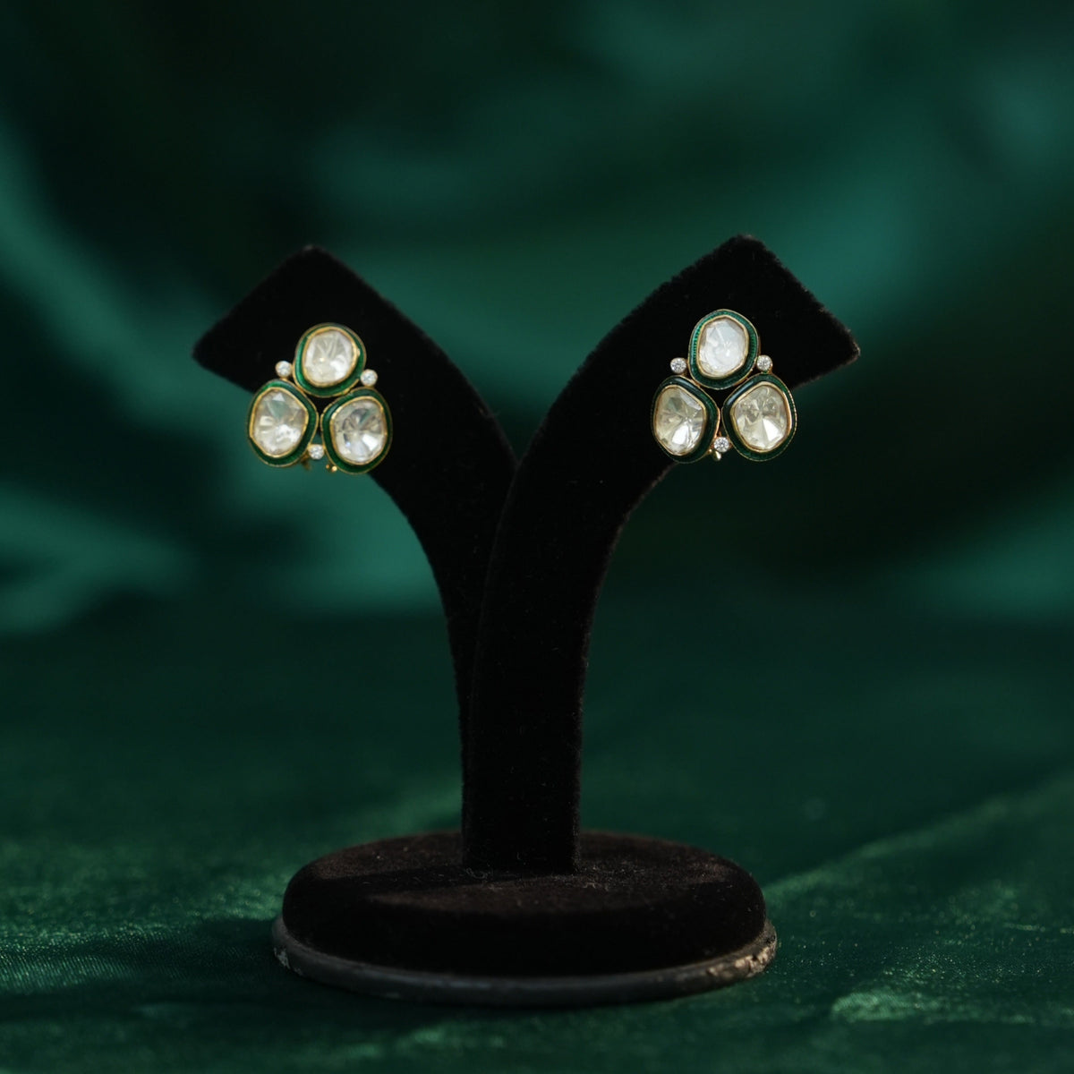24 Ckt Gold Polished Three-Stone Moissanite Polki Earrings in 92.5 Pure Silver