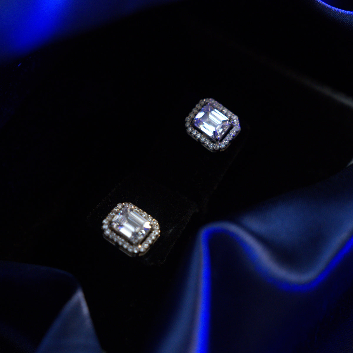 Asscher Cut CZ Moissanite Halo Stud Earrings in 92.5 Pure Silver