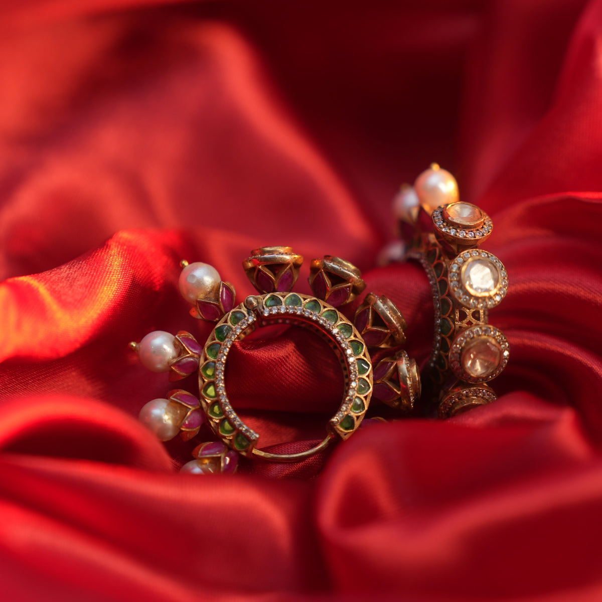 24 Ckt Gold Polished Enameled Moissanite Polki Hoop Earrings with Emerald & Ruby Drops in 92.5 Pure Silver