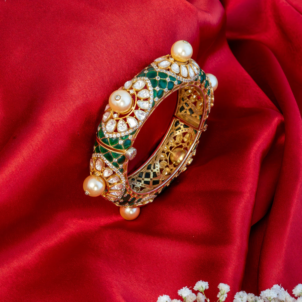 Gold Finish  Moissanite Polki & Emerald Bangle In 925 Sterling Silver