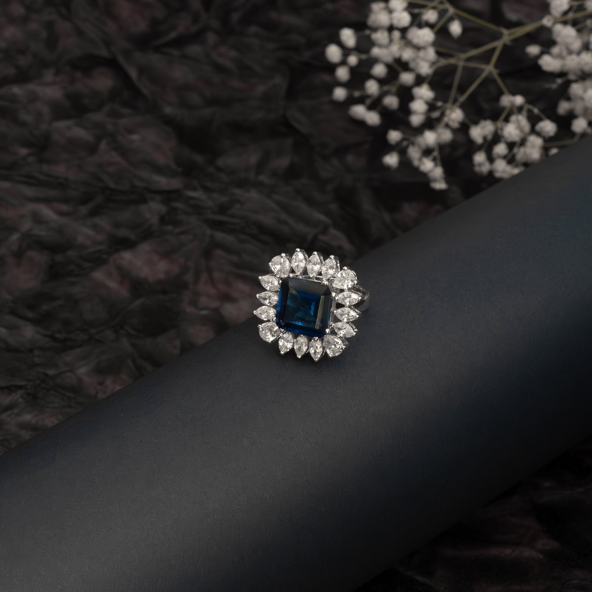 White Finish Zircon & Blue Sapphire-Cut Ring in 925 Sterling Silver