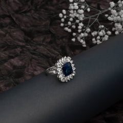 White Finish Zircon & Blue Sapphire-Cut Ring in 925 Sterling Silver