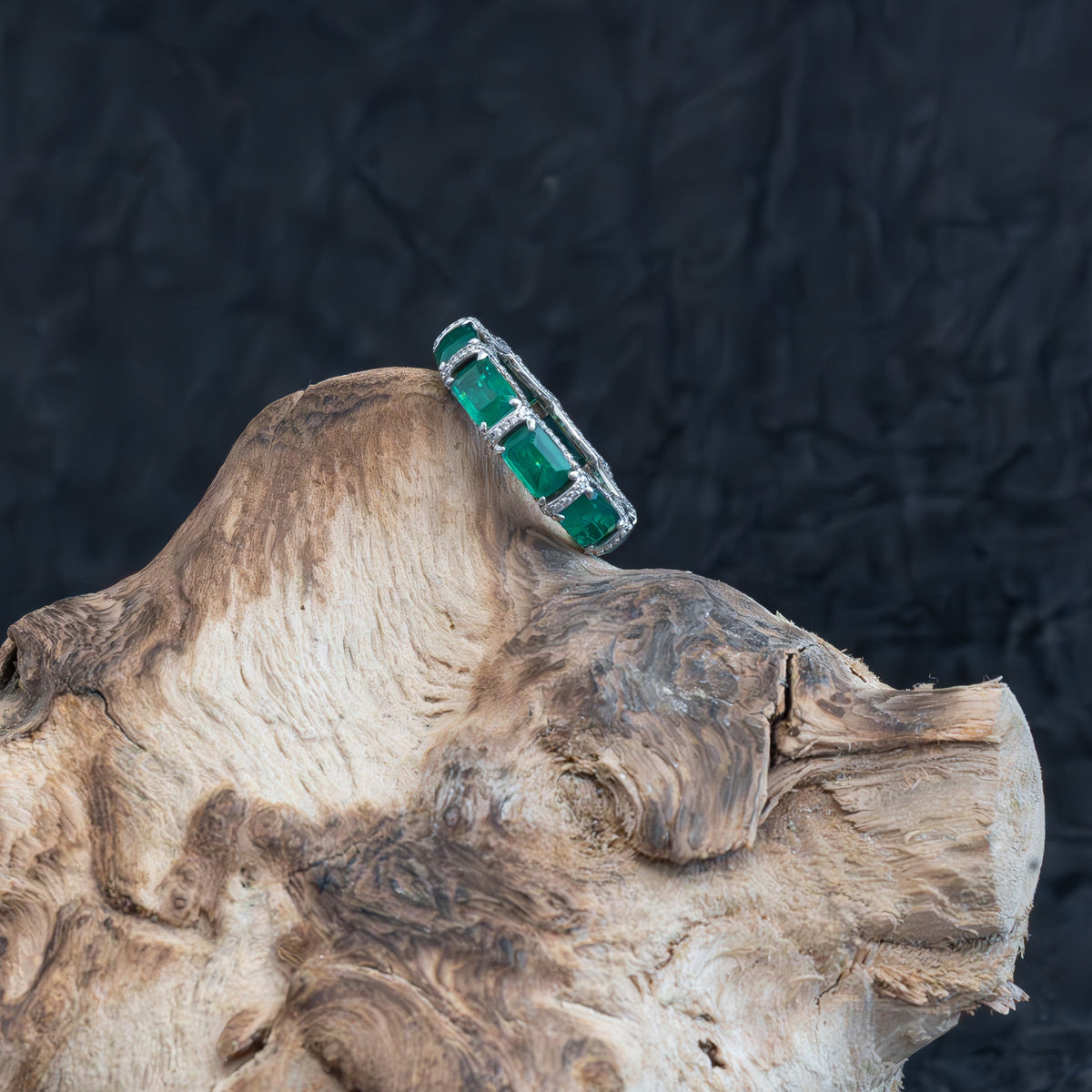 White Finish Zircon & Synthetic Emerald Ring In Sterling Silver