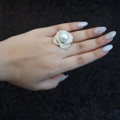 White Gold Finish Zircon & Freshwater Pearl Ring In Sterling Silver
