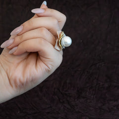 White Gold Finish Zircon & Freshwater Pearl Ring In Sterling Silver