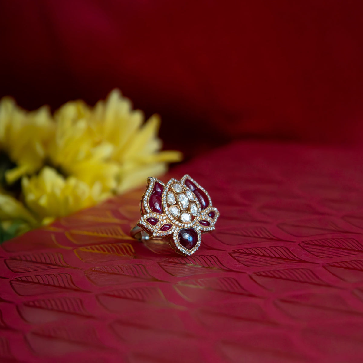 Gold Finish Lotus Motif Moissanite Polki & Ruby Ring in 925 Sterling silver