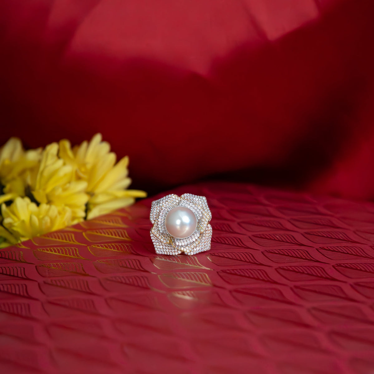 White Gold Finish Zircon & Freshwater Pearl Ring In Sterling Silver