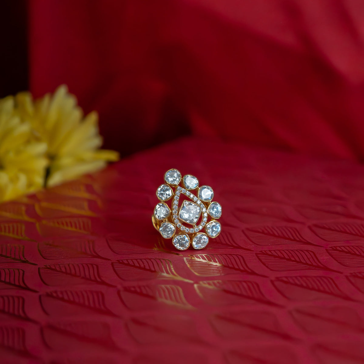 Gold Finish Moissanite Polki Teardrop Floral Ring in 925 Sterling Silver