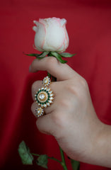 Gold Finish Moissanite Polki & Green Emerald Floral Ring in 925 Sterling Silver