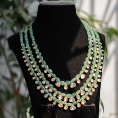 Gold finish Moissanite Polki & Emerald long Necklace in Sterling Silver